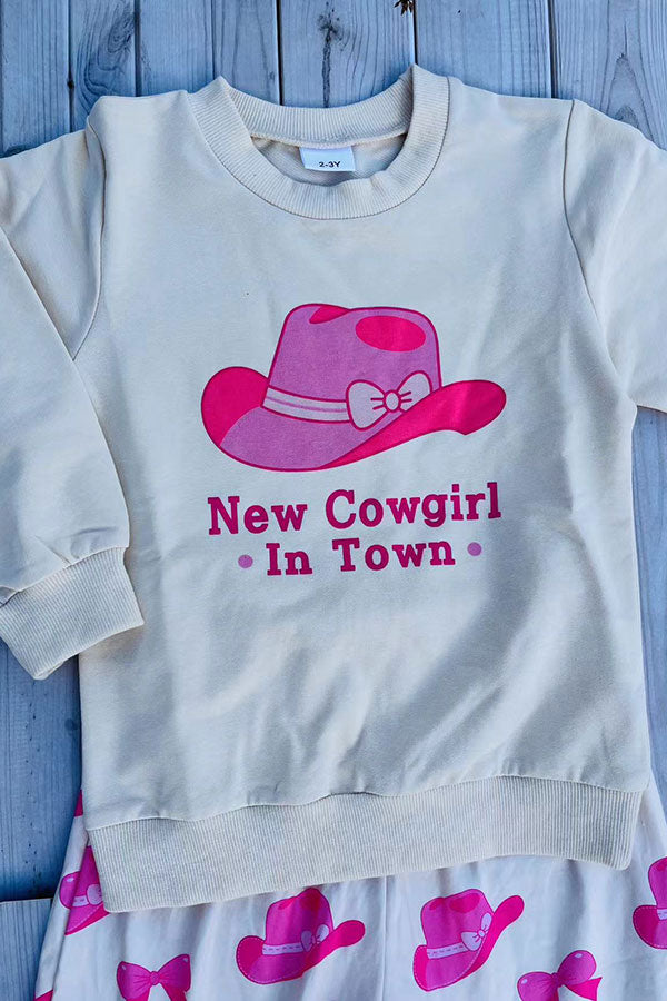 Western "New Cowgirl In Town" & hat prints long sleeve top & pant 2pc girls set 251148M