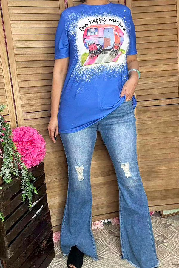"One happy camper"multi color printed blue fabric short sleeves women top XCH14774