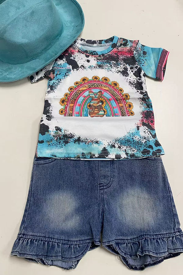 Easter bunny & sunflower printed short sleeve girls t-shirt DLH1212-3