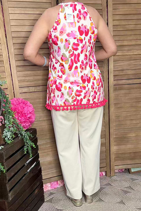 BQ15098 Floral printed sleeveless women top w/fringe