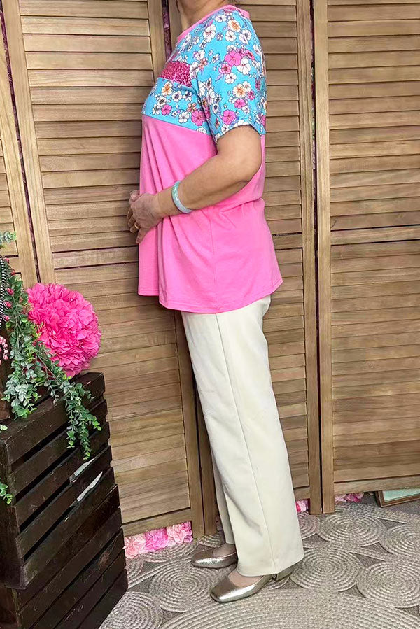 XCH11366-1 Pink floral printed short sleeves women tops w/sequin details