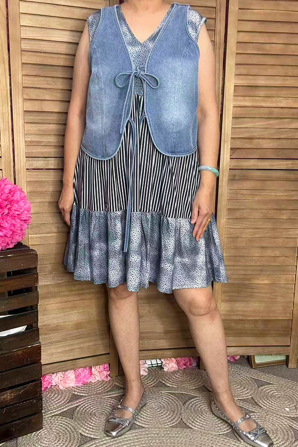 GJQ14048 Tie dye black dot black/white striped baby doll sleeveless women dress