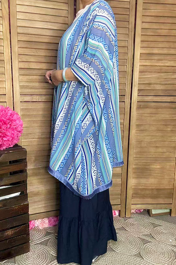 XCH10895 Blue aztec multi color printed w/trim short sleeves women cardigan