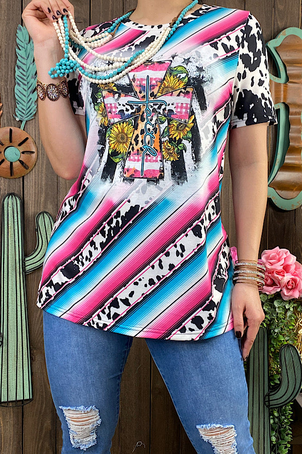 XCH13081 FAITH serape & cow printed short sleeve t-shirt