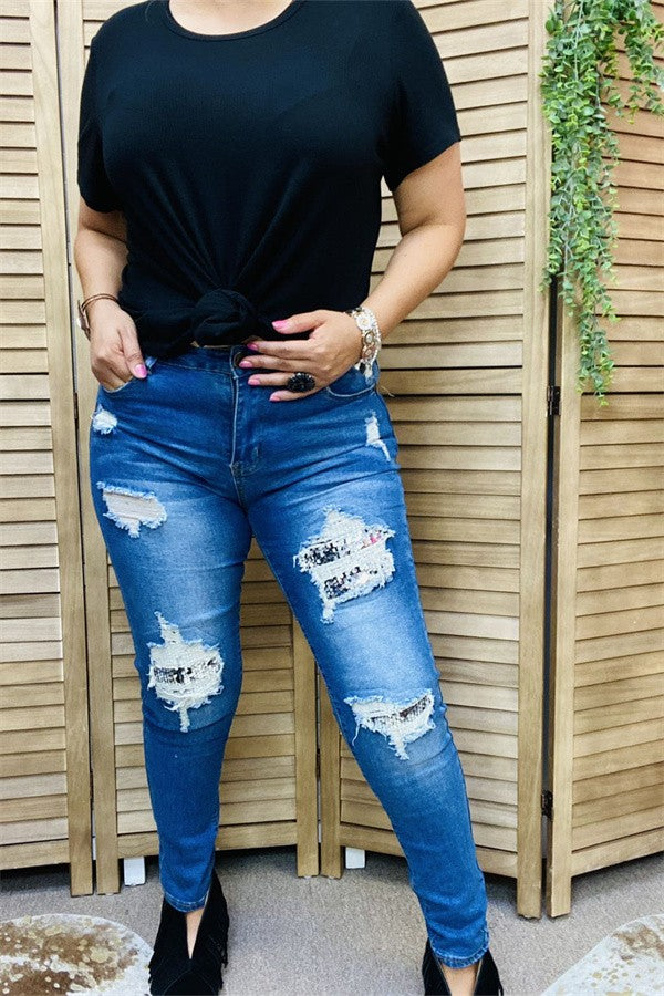 Western silver sequin for hole tighten women's boutique jeans S001