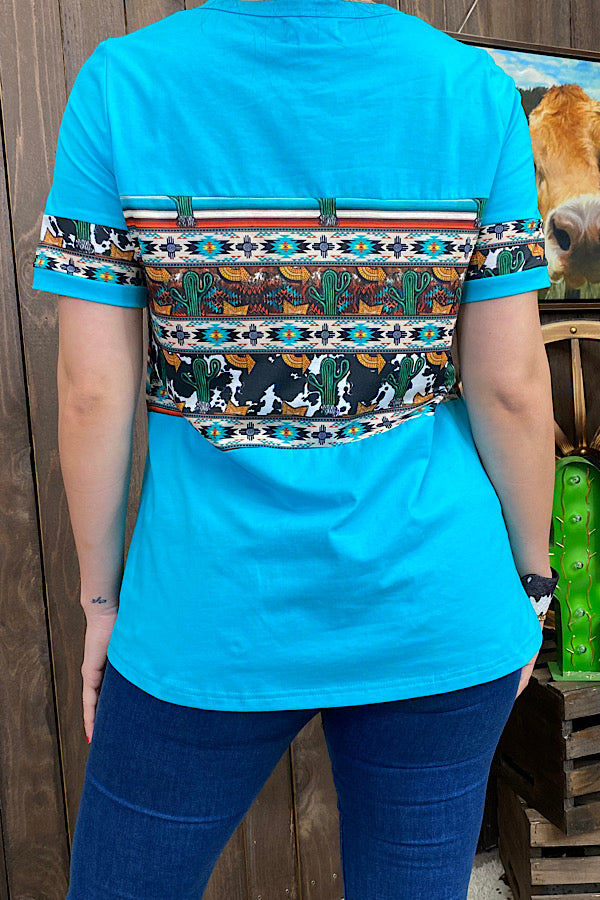 XCH10480 Turquoise cow/cactus western printed short sleeve top