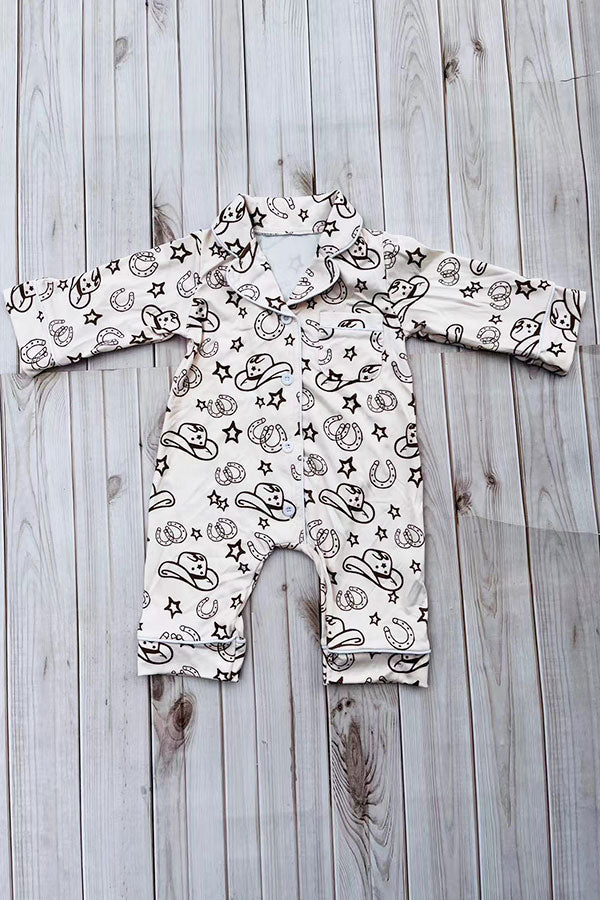 Western one piece beige long sleeve baby boutique pajamas 2601105M