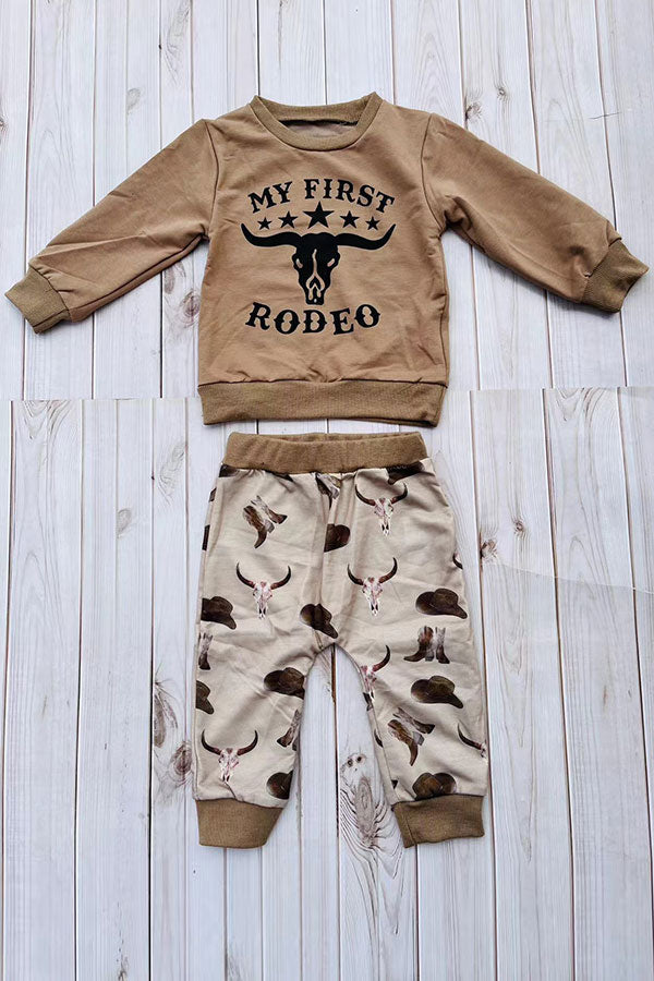 Western "MY FIRST RODEO" brown sweatshirt & pant boy's boutique set 2601108M
