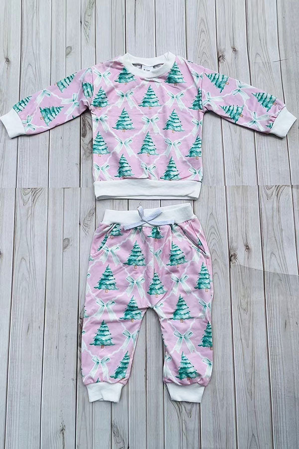 Christmas tree print pink long sleeve sweatshirt & pant girls boutique set 2601109M