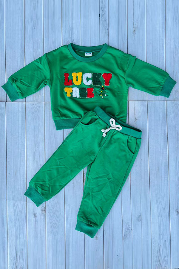 Chrismas LUCKY TREE embroidery top & pant unisex kids boutique set 2601126M 8S5