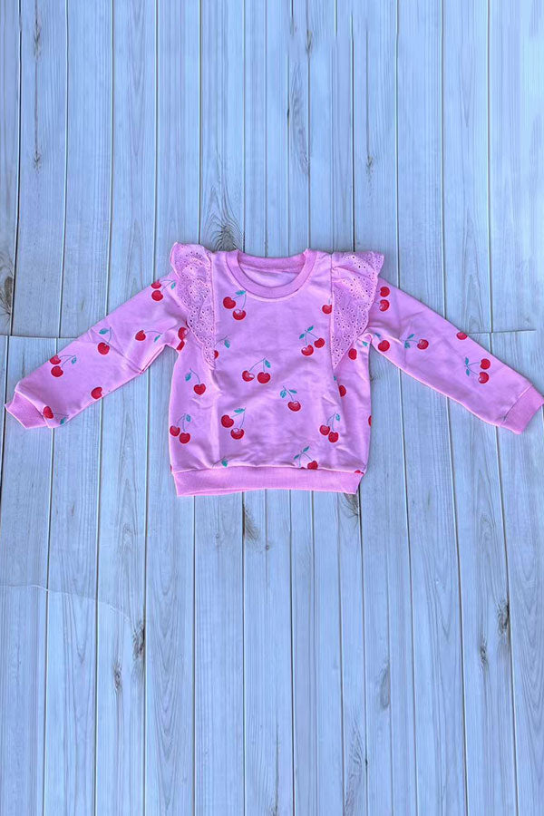 Trendy red cherry & ruffle lace long sleeve girls boutique top 2601127M 10S6
