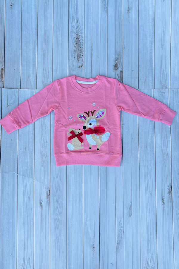 Christmas deer patch pink long sleeve girls boutique top 2601131M 9S7