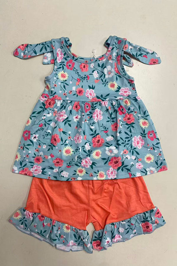 Blue floral printed sleeveless top & coral shorts 2pc girls set XCH0666-32H