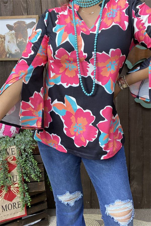 Floral printed 3/4 bell sleeve black women tops w/v-neckline GJQ15749