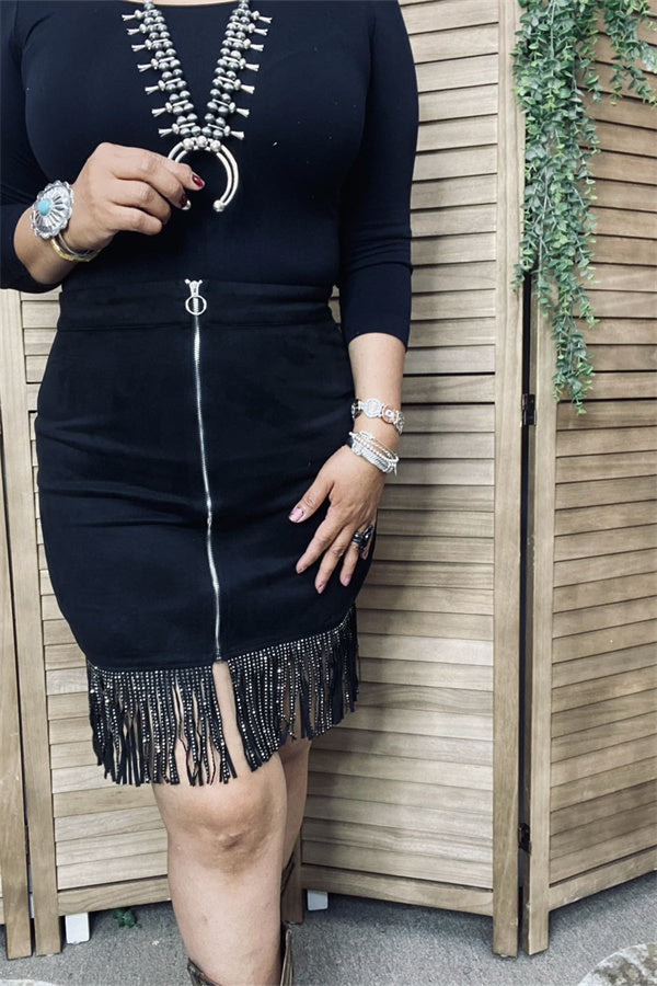 Black fringe tassels women's skirt with/zipper XCH13307