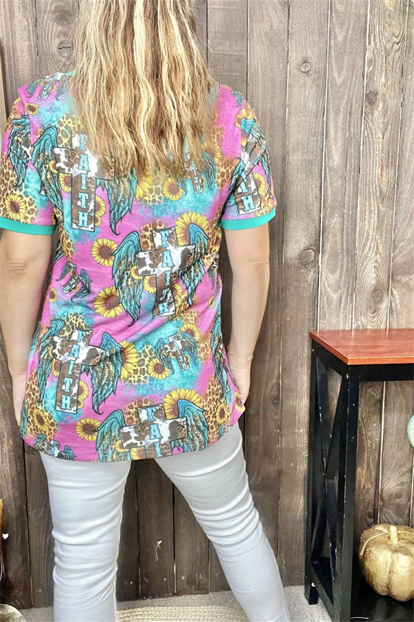 XCH12474 Faith cross w/wings & sunflower printed short sleeve women top