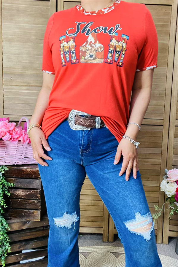 DLH11750 SHOW MOM cow graphic orange printed short sleeve women t-shirt