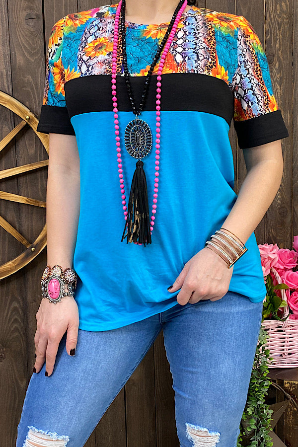 Snake/leopard & sunflower turquoise printed short sleeve top BQ10627