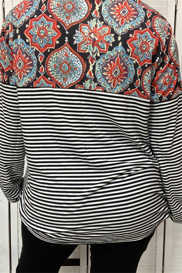 YMY10271 Striped/paisley printed long sleeve top w front pocket