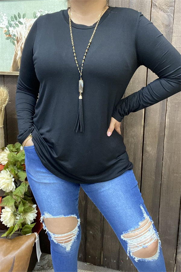 Solid black long sleeve stretchy women t-shirt YMY15530