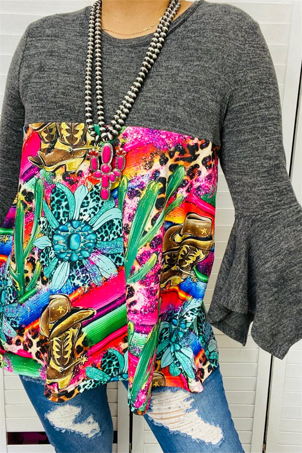 GJQ15150 Cactus graphic multi color printed gray block long&bell sleeve baby doll top cs10