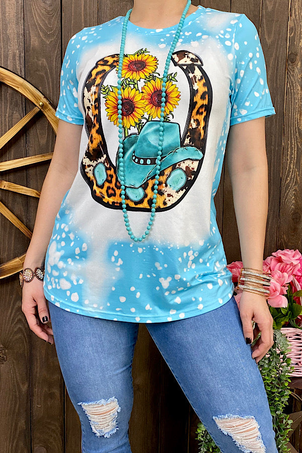 DLH0824-20 Western horse shoe & hat & sunflower tie dye blue women t-shirt