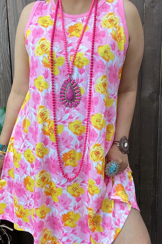 YMY13142 Floral yellow&pink color floral printed sleeveless women dresses