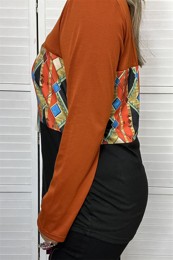 Western Aztec & Brown & Black long sleeve women t-shirt YMY9809
