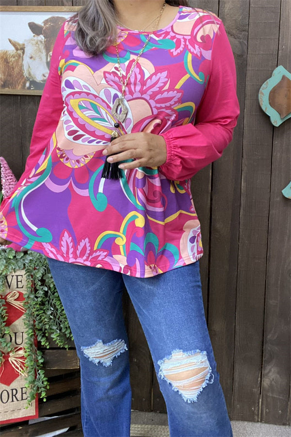 XCH15691 Floral printed pink chiffon long sleeve women blouse