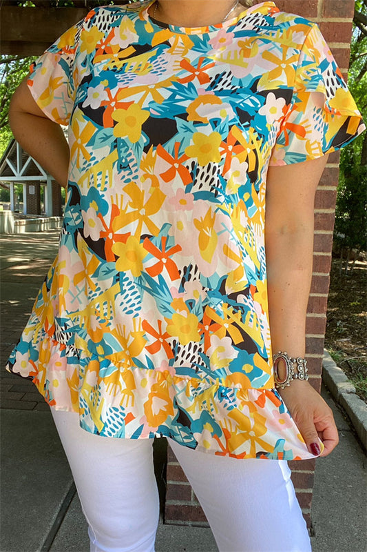 HX5620 Multi color floral printed blouse w/ruffle hem short sleeve women top
