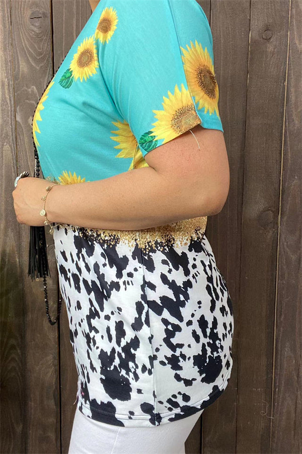 Sunflower turquoise leopard multi color printed short sleeves women tops XCH13234