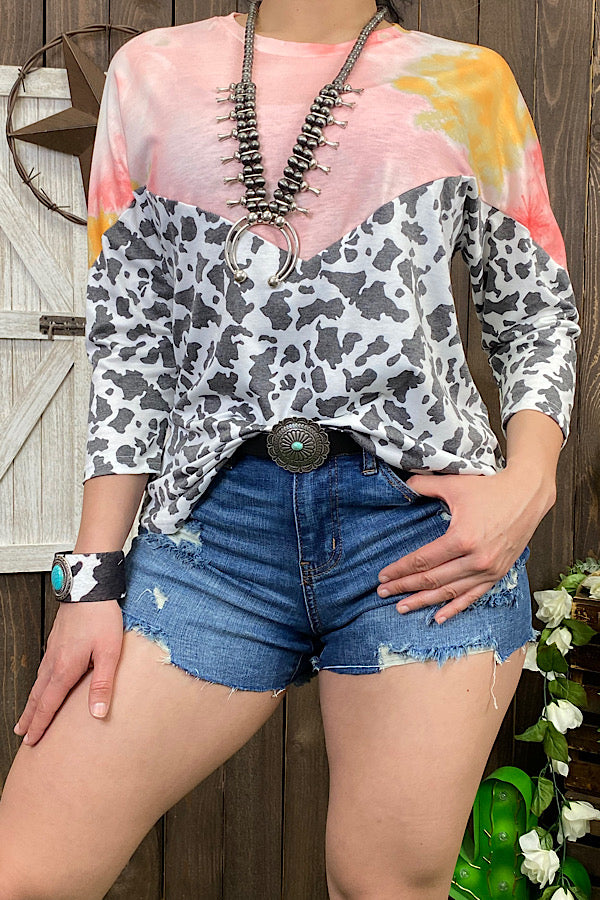 BQ10547 Pink/yellow tie dye & cow printed 3/4 sleeve top