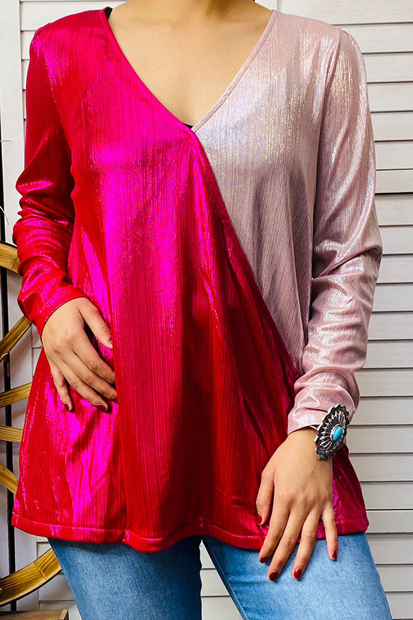 BQ14307 Hot pink & light pink metallic long sleeve top