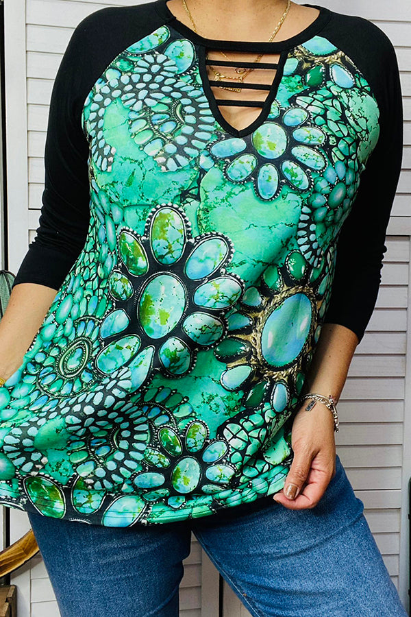 BQ14386 Turquoise jewelry printed black raglan sleeve top with/keyhole