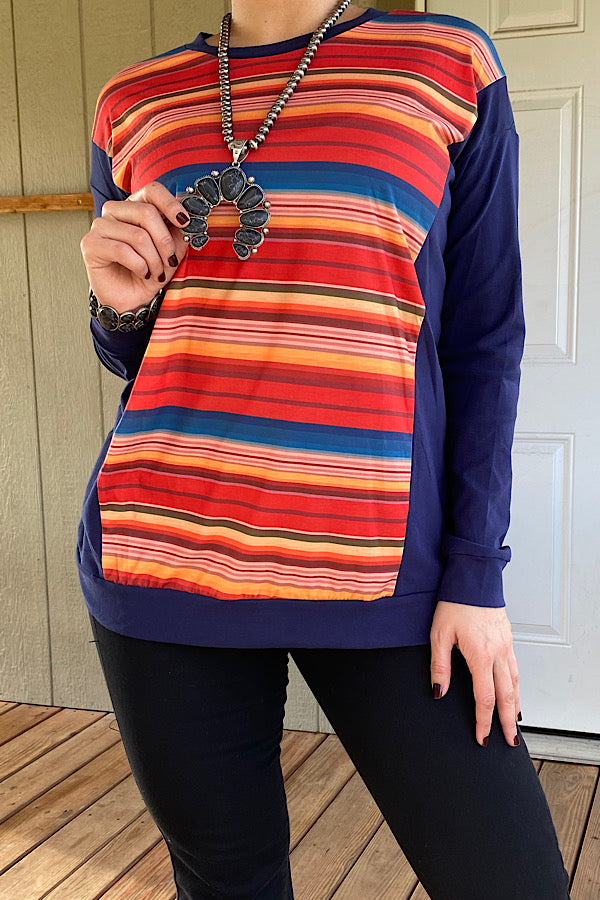 Multi-color serape pullover long sleeve women top BQ8211