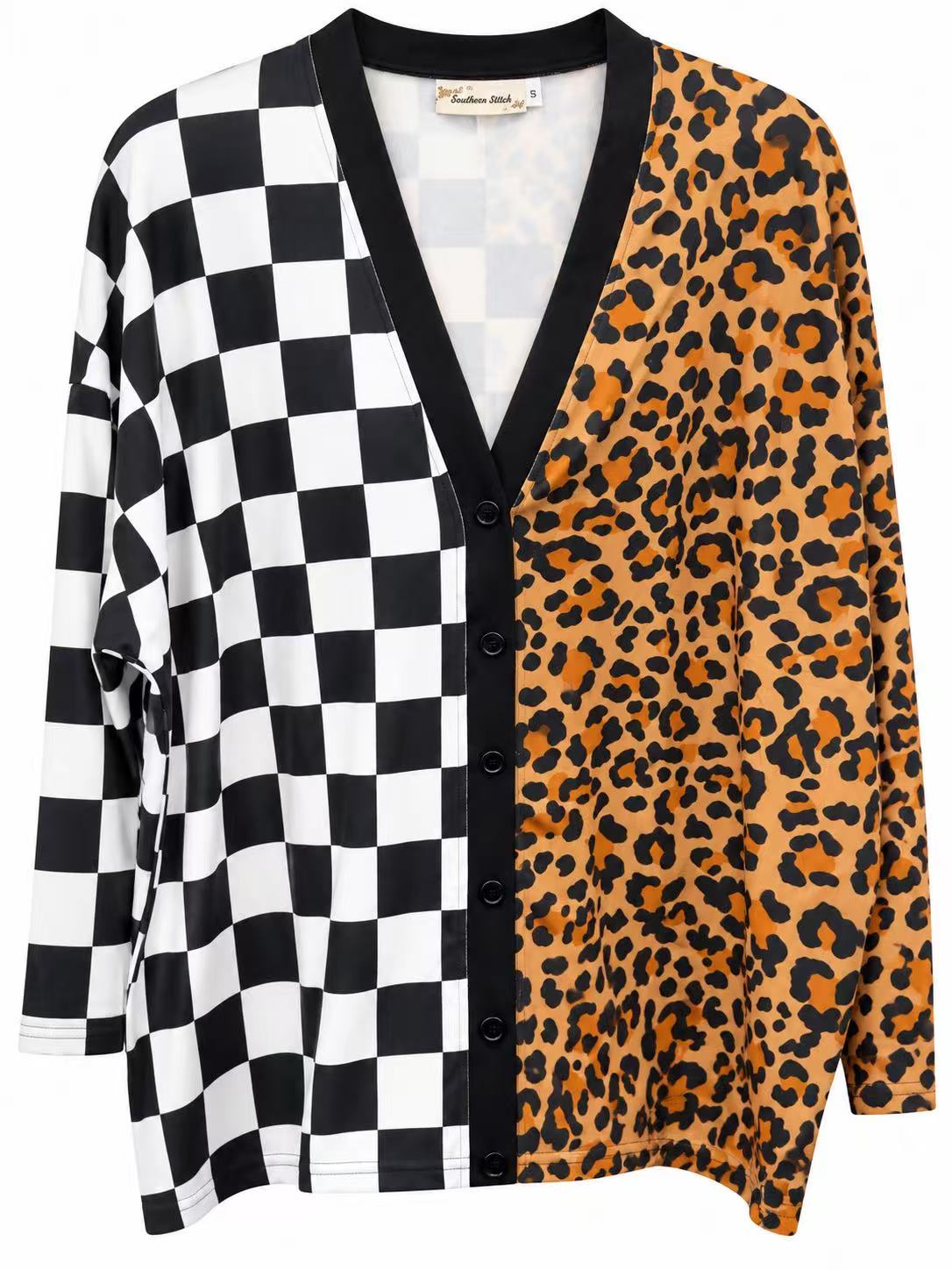 Western leopard & checkered long sleeve women's boutique cardigan Southern Stitch XCH17466