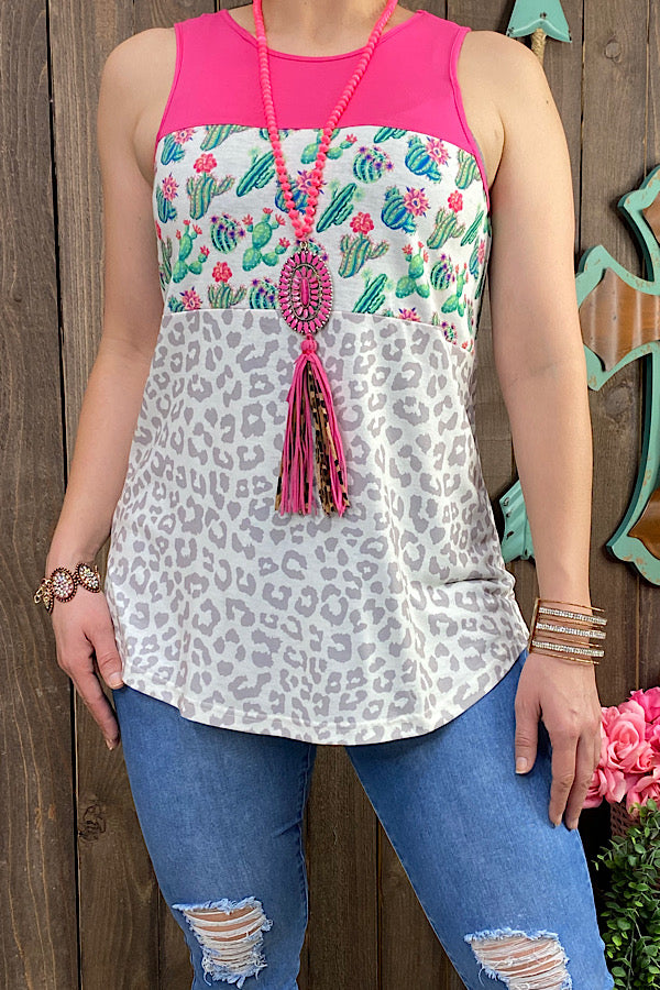 GJQ12991 Pink cactus leopard printed tank top
