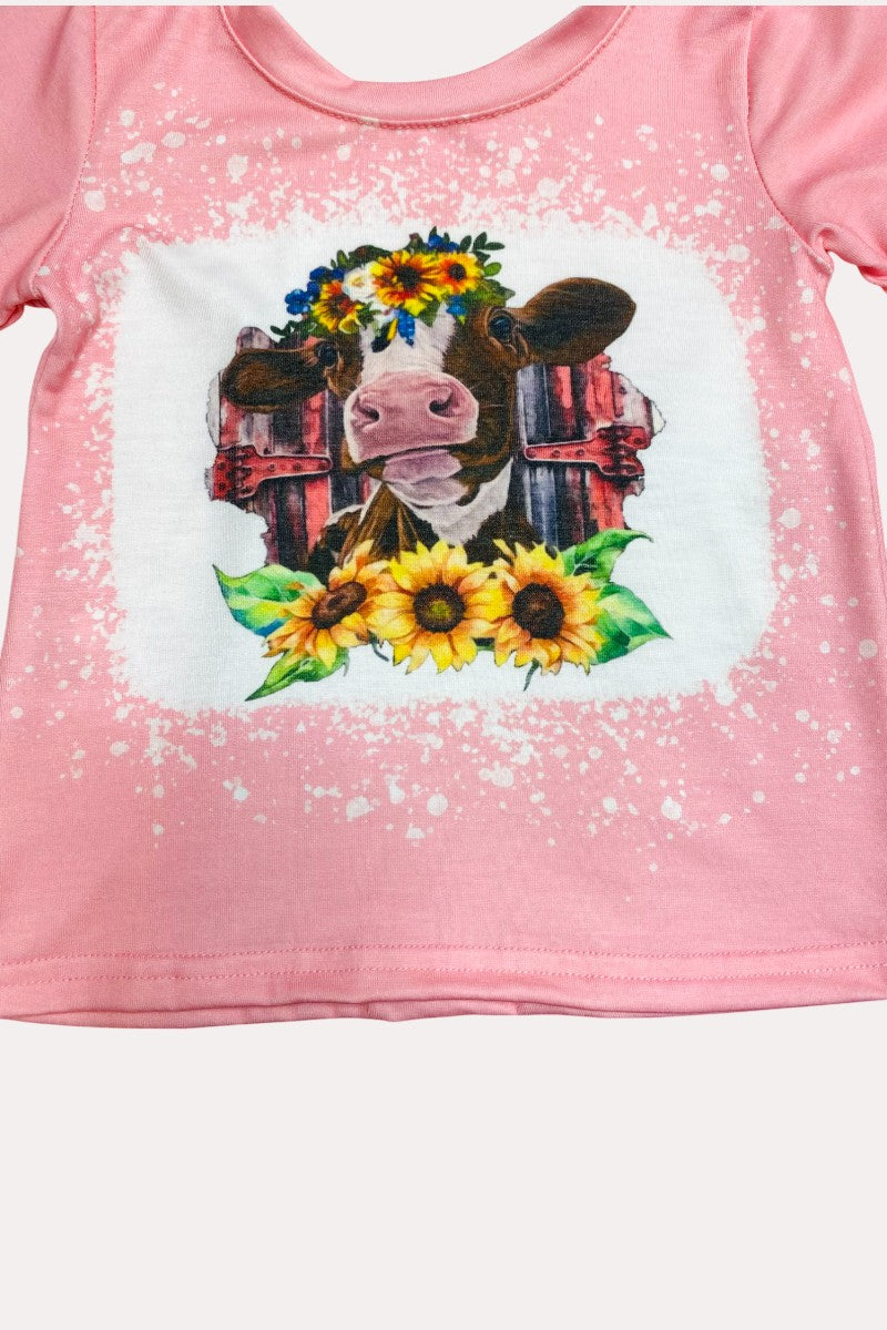 Cow & sunflowers pink top 2pc set D0824-21