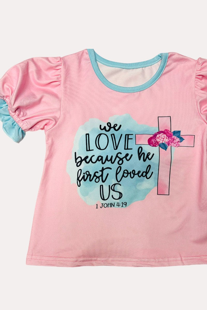 D0923-13 WE LOVE BECAUSE HE FIRST LOVED US Floral butter fly printed 2pc girls sets