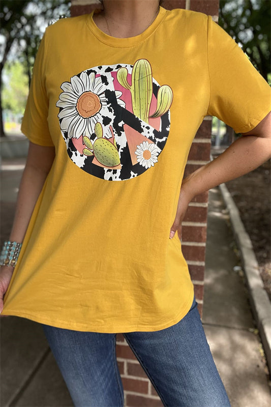 DLH10487 Yellow cow peace sign & cactus sunflower printed short sleeve women t-shirt