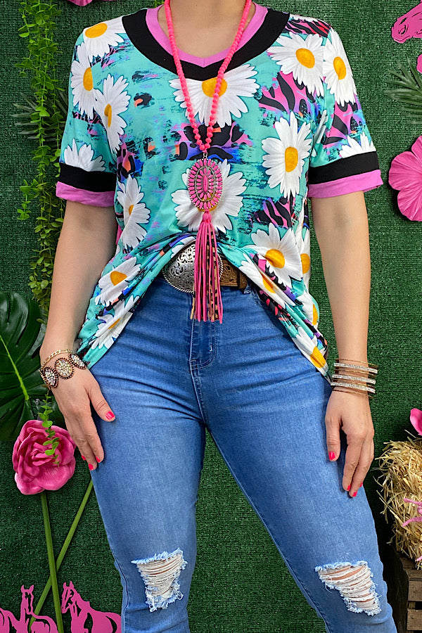 DLH11644 Daisy & leopard purple printed t-shirt