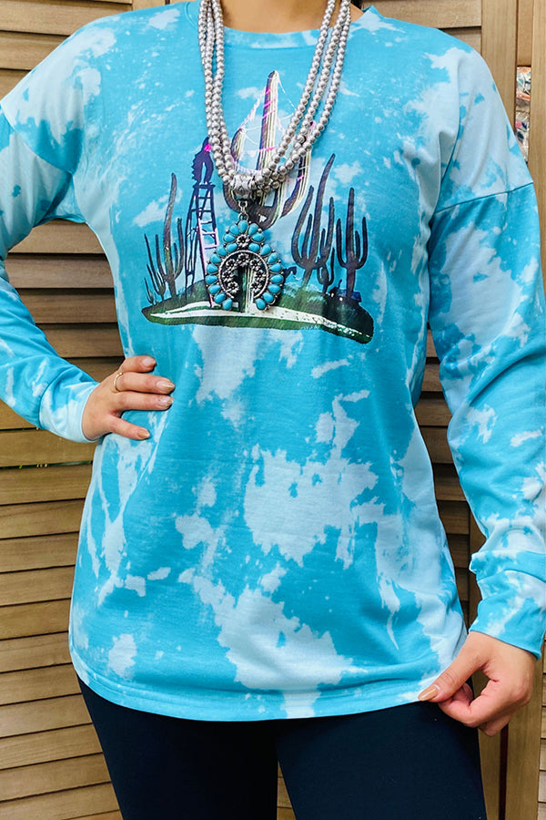 DLH11782 Turquoise cactus printed tie dye long sleeve top