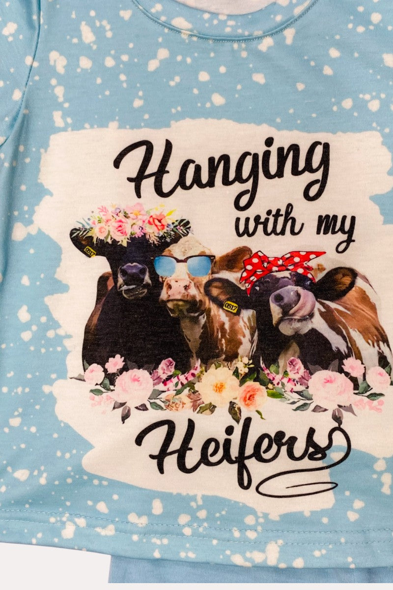 "Hanging with my heifers" light blue short sleeve 2pc set DLH1017-6