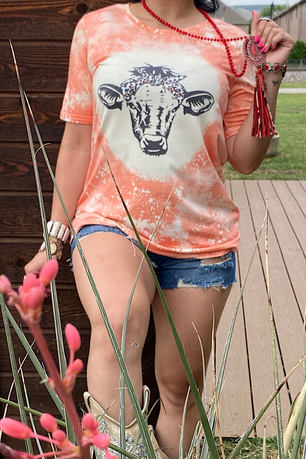 Orange cow printed short sleeve women t-shirt DLH12160