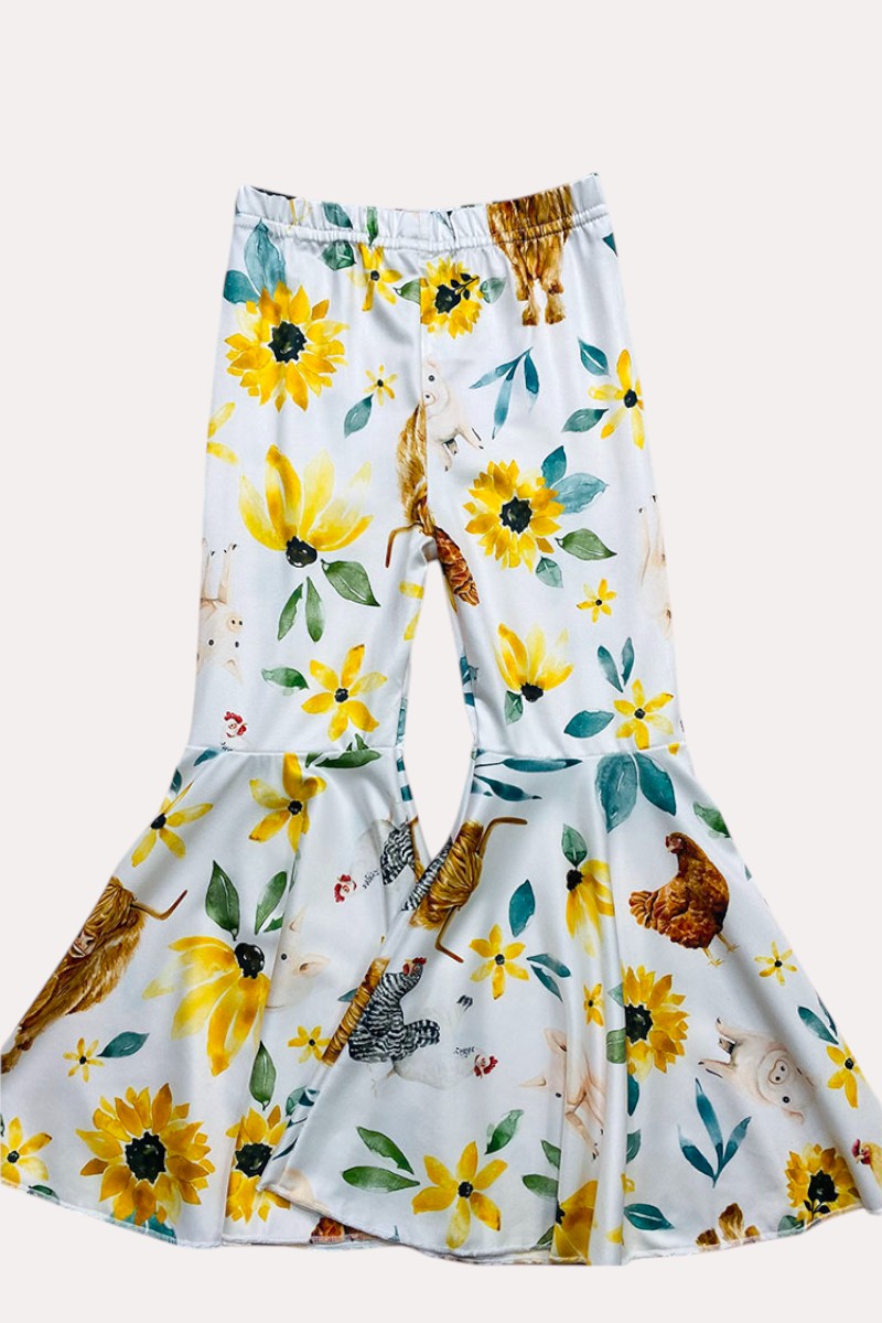 DLH1224-13 Yellow halter top w/floral & farm bell bottoms 3pc girls set