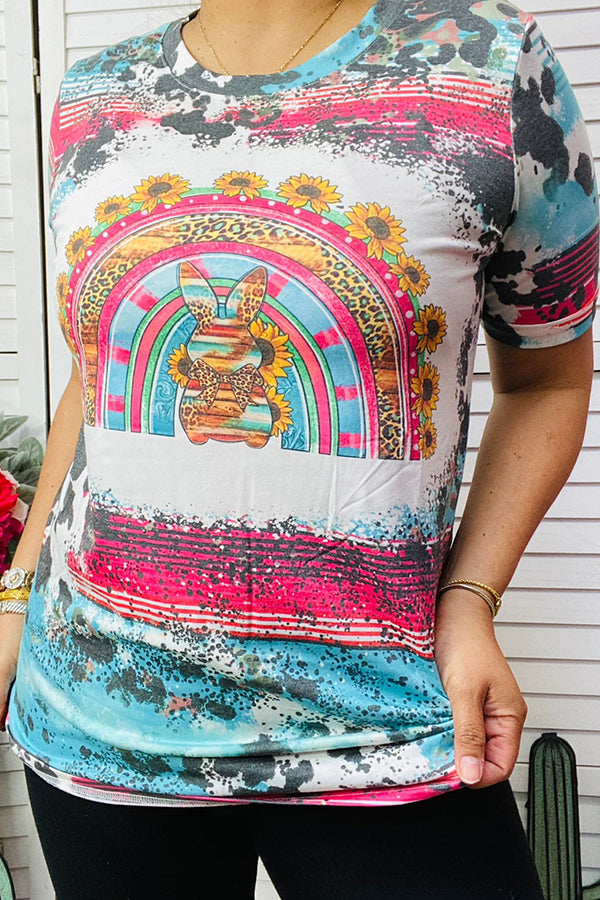DLH13027 Animal & serape floral printed easter bunny short sleeve women top