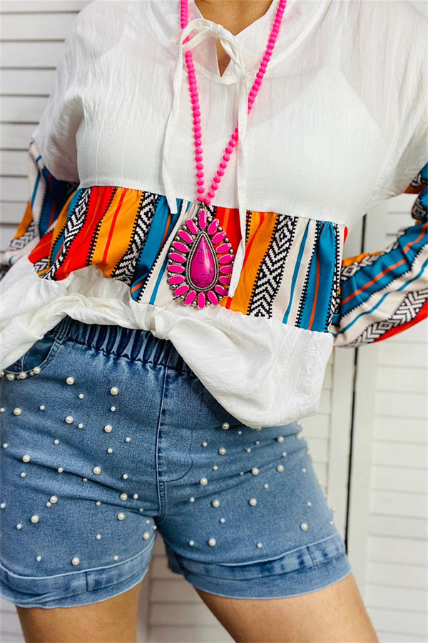 DLH14332 Jean blue with pearl elastic high waist women shorts