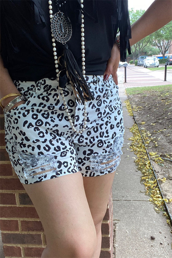 Leopard denim women ripped shorts w/pockets DLH14790