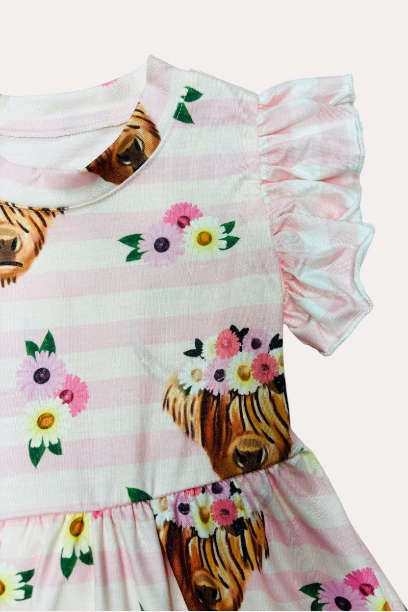 Stripped cow & floral print swirl dress D2301