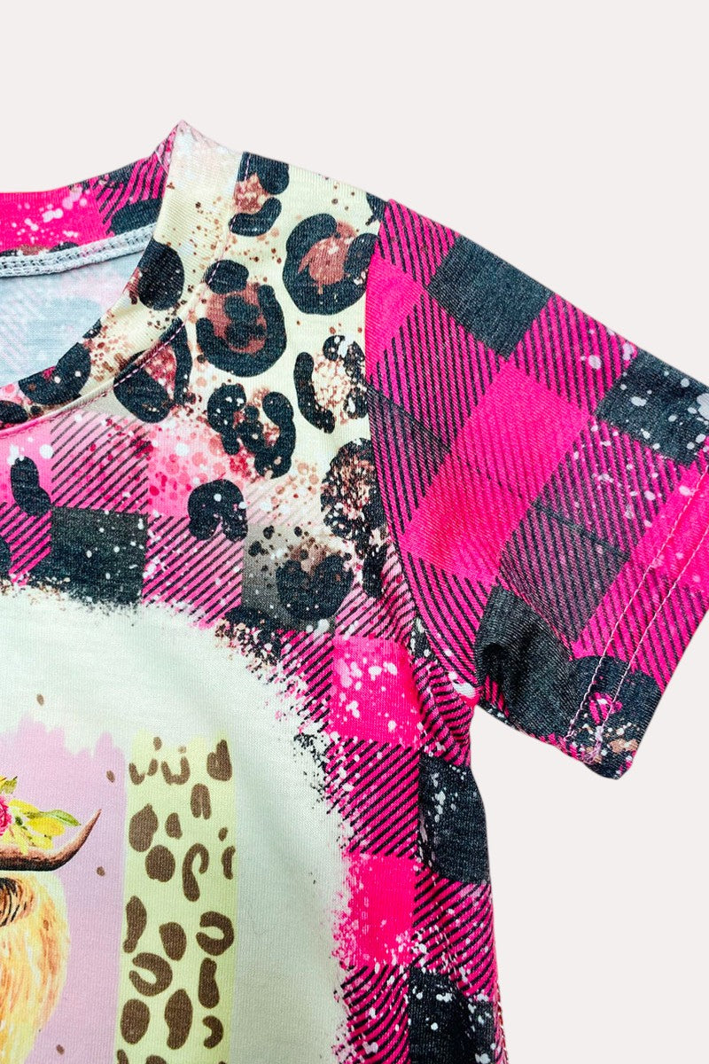 D2303 "happy" cow floral print pink black plaid short sleeve dress